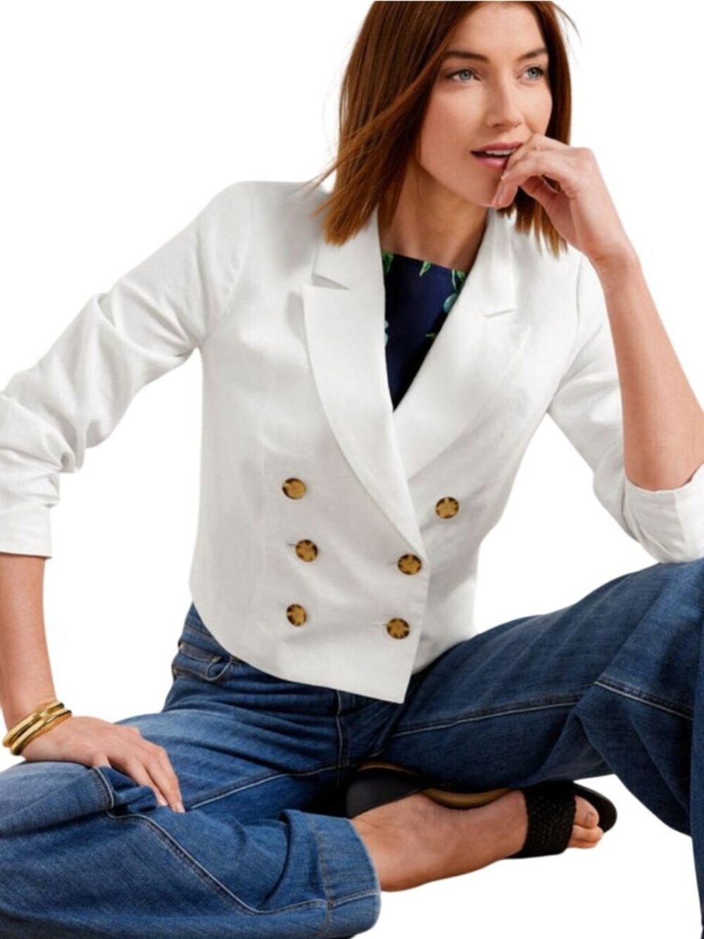 Talbots NWT Cropped Linen Jacket Blazer White Double-breasted 2023 Size 14W